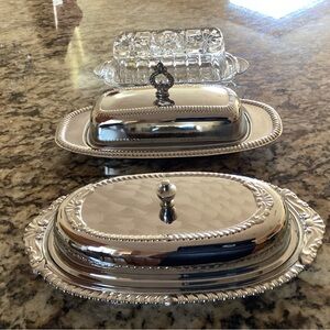 Lot of 3 Elegant Silver plated Butter Dish Set and glass with lid